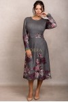 Rochie Andrada din tricot gri inchis cu imprimeu floral, maneca lunga si catarama in talie